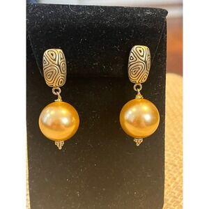 Sterling Silver 925 Champagne Faux Pearl Drop Earrings Swirl Textured Dangle